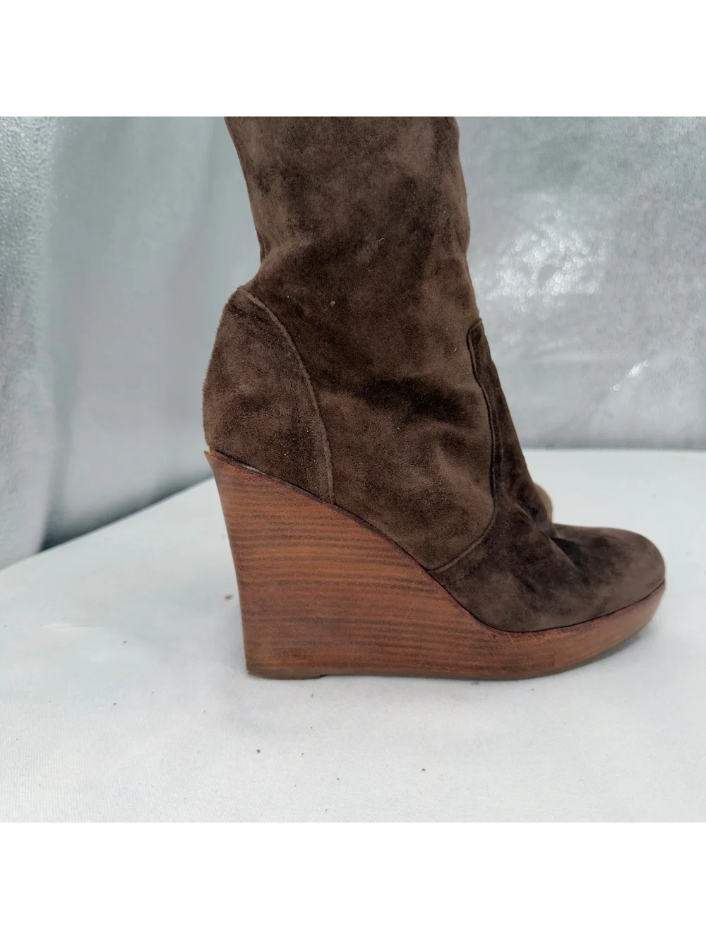 Vintage  Manntra Leather Brown Suede Wedge Knee High Boots Round Toe Size 9M